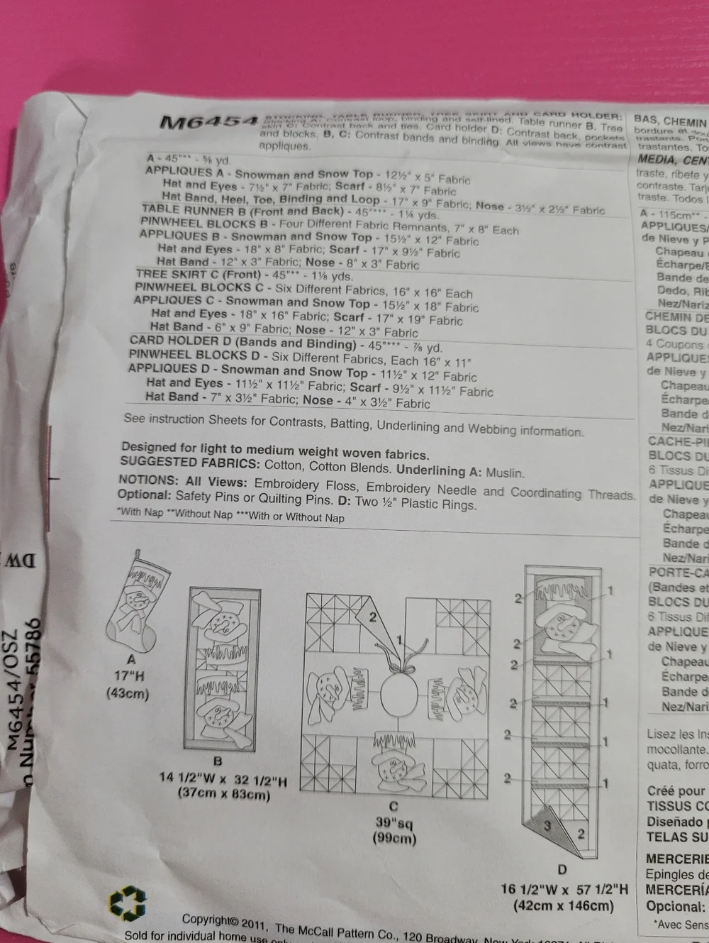 McCall's Craft Sewing Pattern M6454 Snowman Table Runner Tree Skirt (0951)